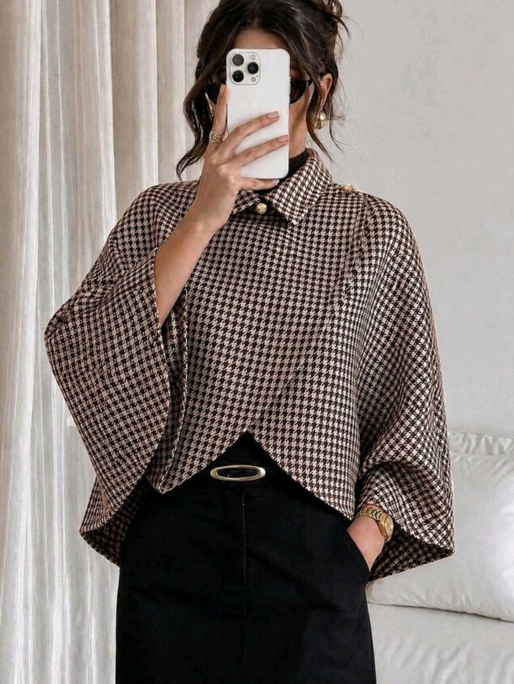 Women's Houndstooth Print Lapel Batwing Sleeve Cape Coat, Elegant Asymmetrical